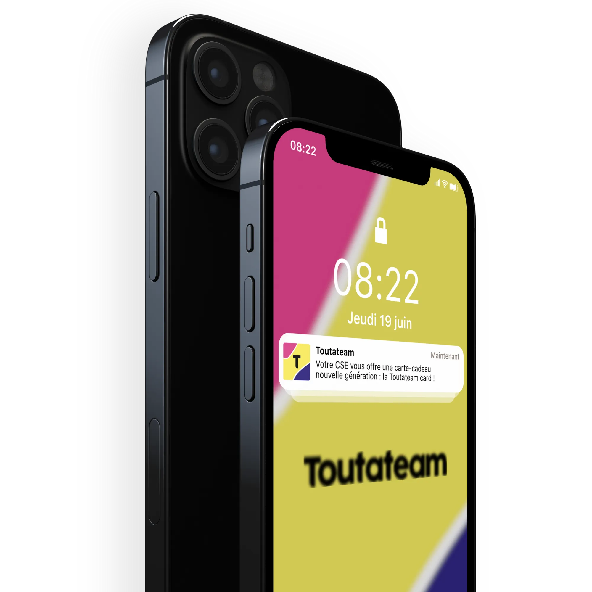 téléphones avec fond d'écran Toutateam et notification d'application Toutateam